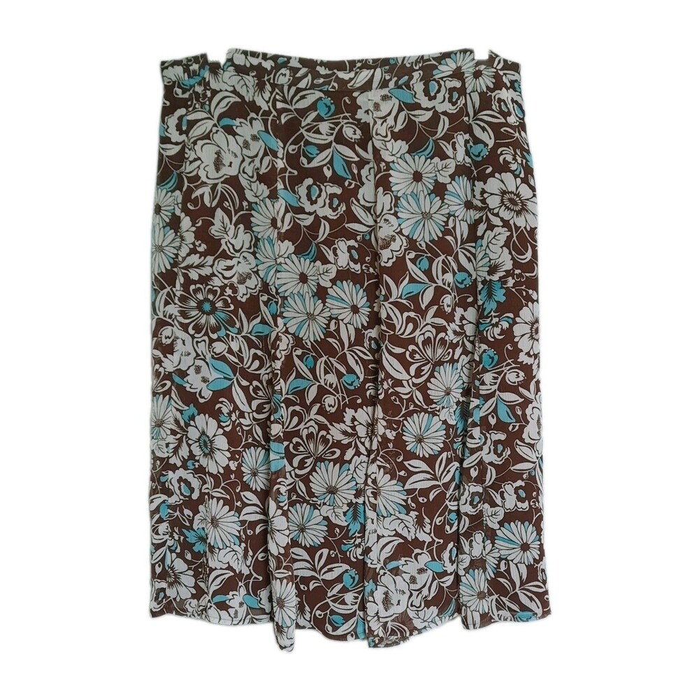 Vintage Sag Harbor Floral Midi Skirt Brown Beige Blue A-Line 90s Cottagecore L
